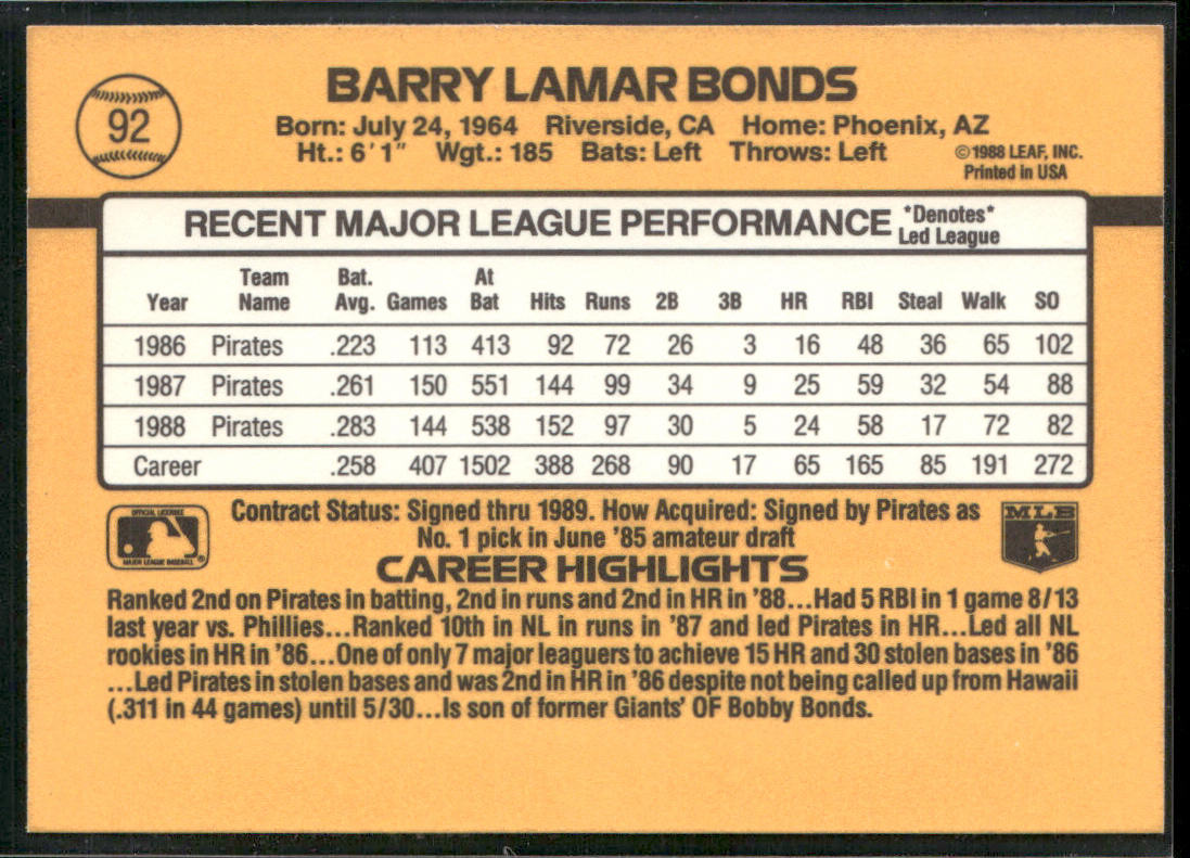 Barry Bonds 1989 Donruss #92 Pittsburgh Pirates back