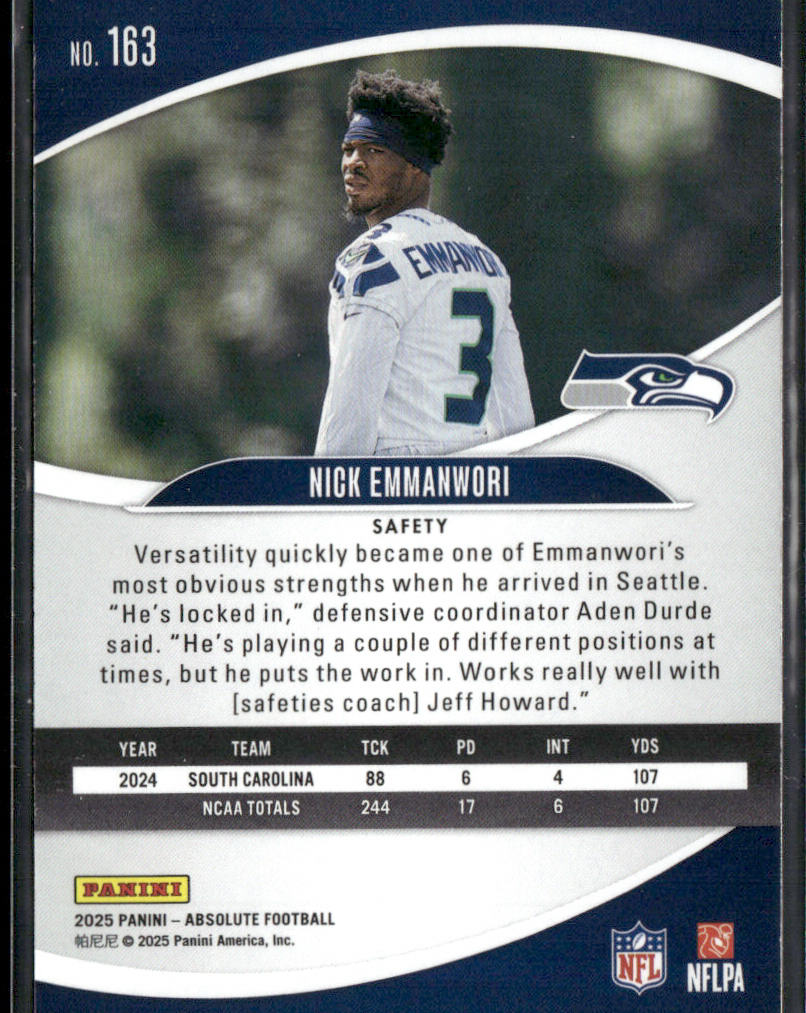 Nick Emmanwori 2025 Panini Absolute Retail #163 RC Seattle Seahawks back