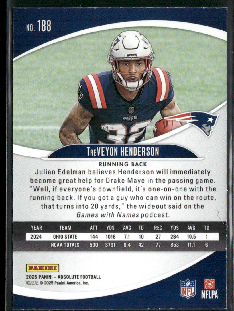 TreVeyon Henderson 2025 Panini Absolute Retail #188 RC New England Patriots back