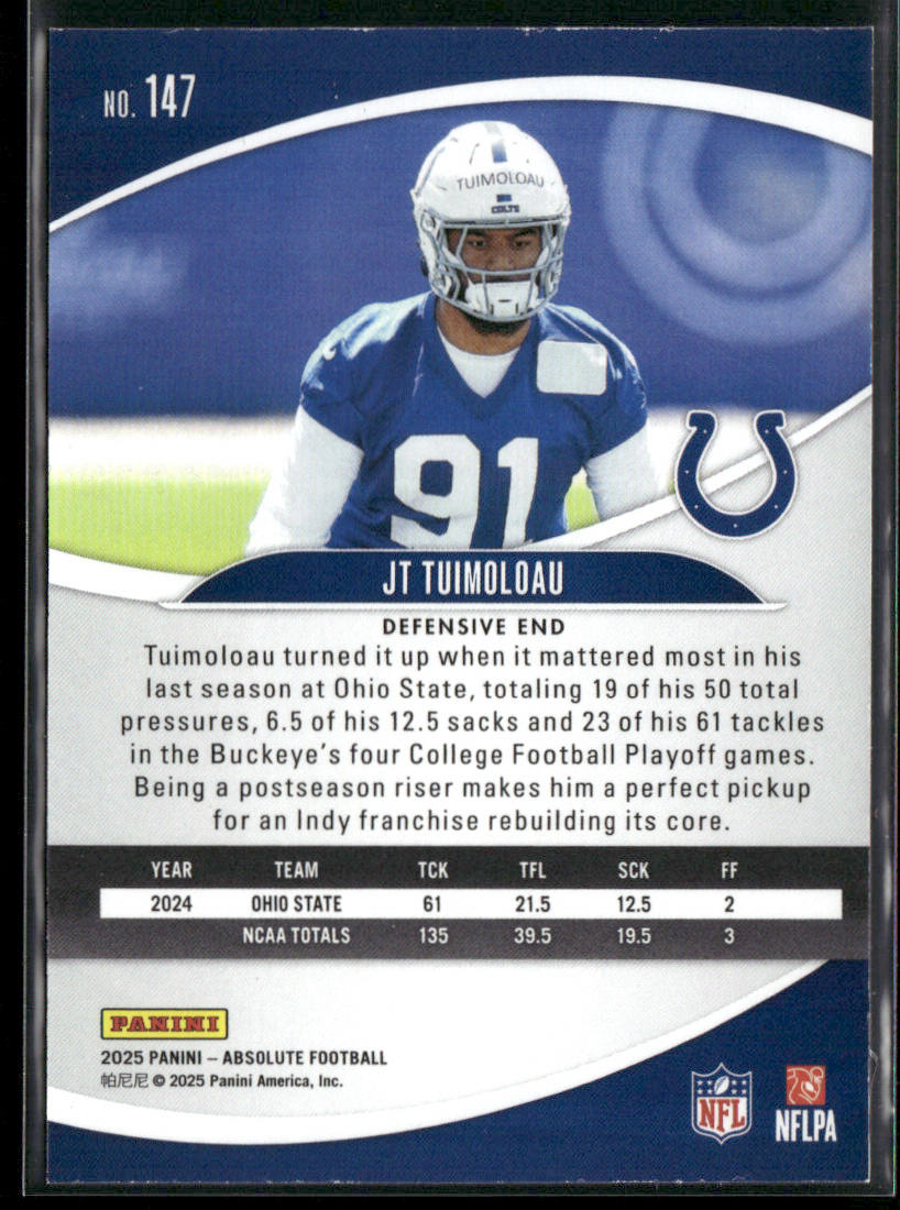 JT Tuimoloau 2025 Panini Absolute Retail #147 RC Indianapolis Colts back