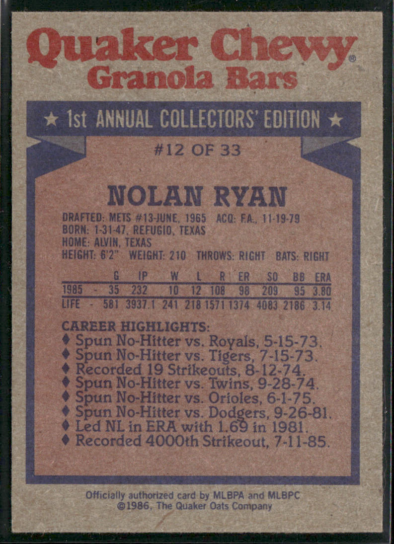 Nolan Ryan 1986 Topps Quaker Granola #12 Houston Astros back