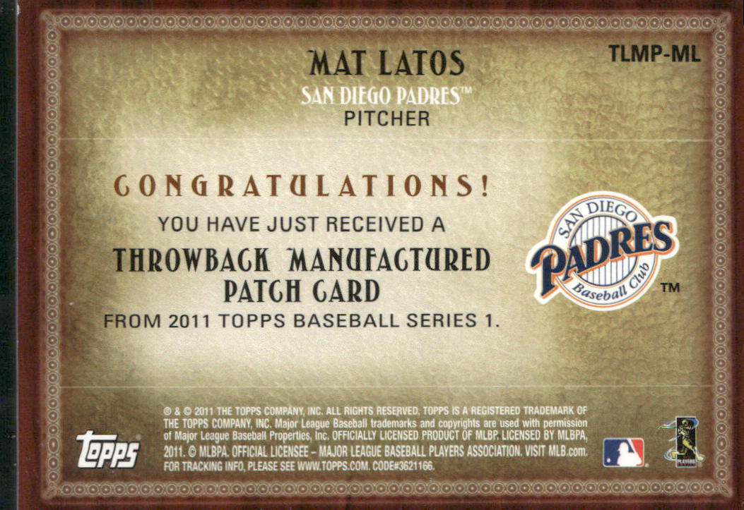 Mat Latos 2011 Topps Throwback Logo Manufactured Patch #TLMP-ML San Diego Padres back