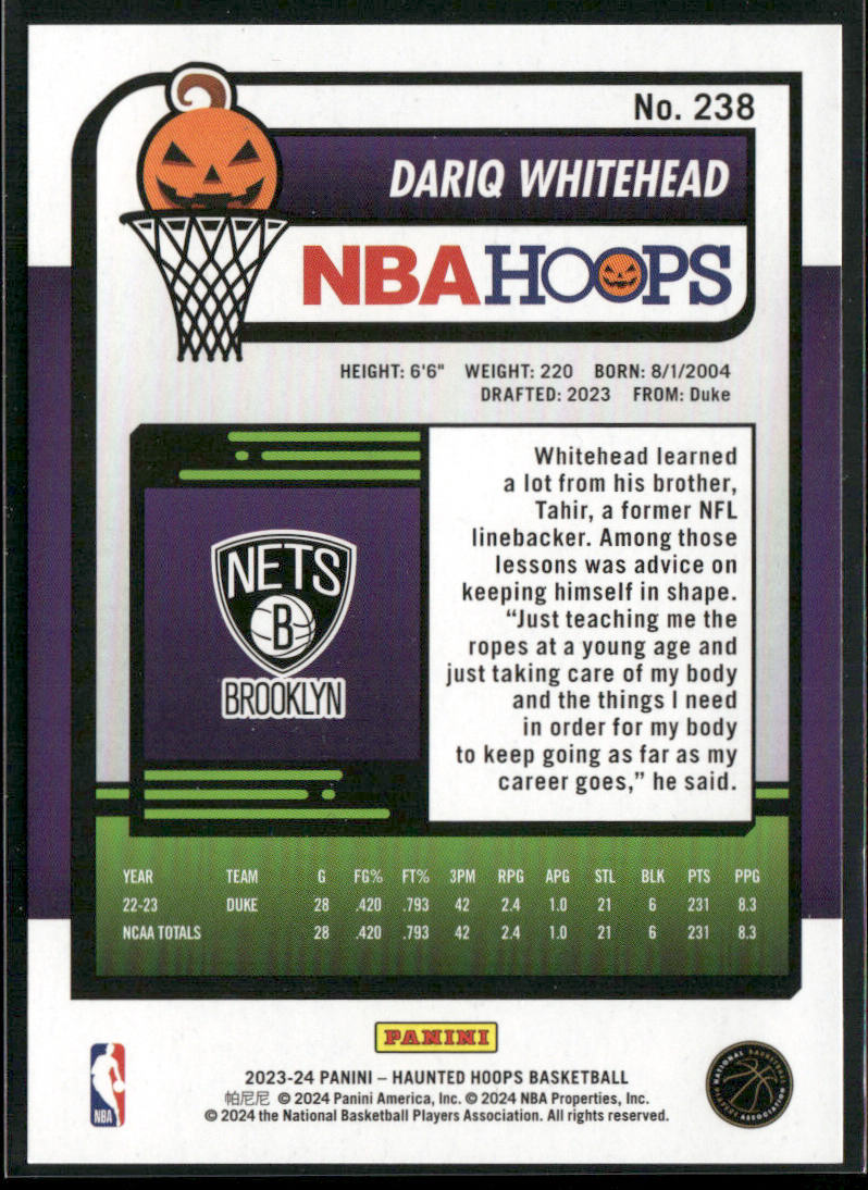 Dariq Whitehead 2023-24 Hoops Haunted Hoops #238 RC Brooklyn Nets back