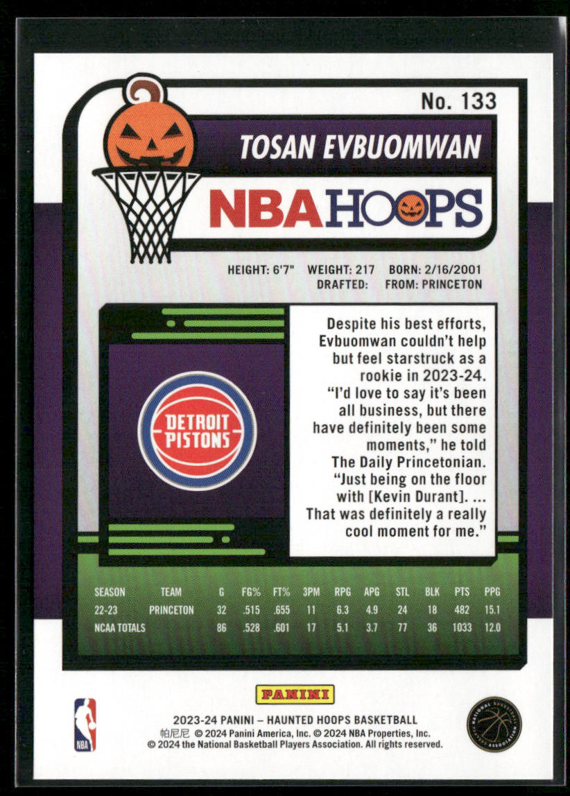 Tosan Evbuomwan 2023-24 Hoops Haunted Hoops Orange #133 RC Detroit Pistons back