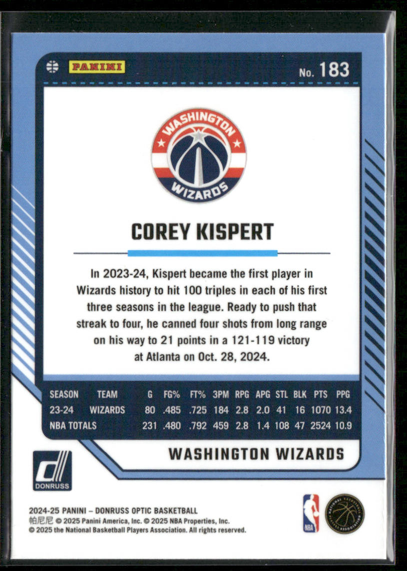 Corey Kispert 2024-25 Donruss Optic #183 Washington Wizards back