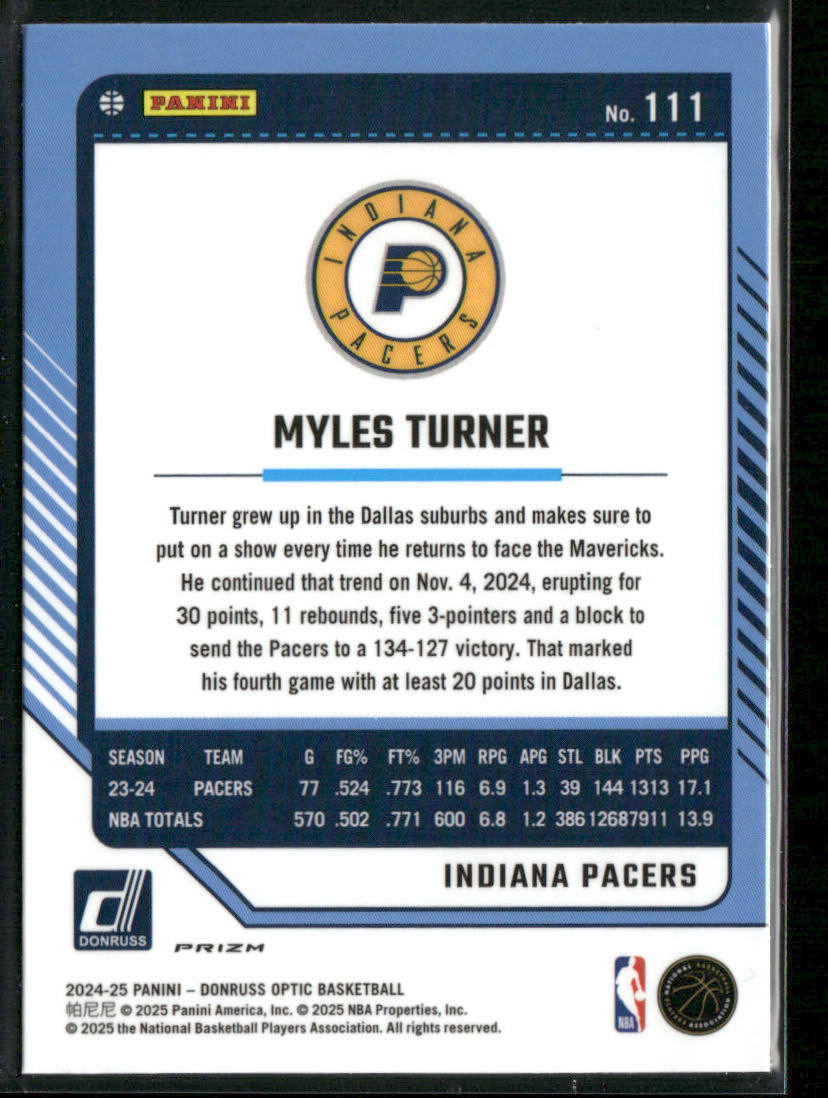 Myles Turner 2024-25 Donruss Optic Purple #111 Indiana Pacers back