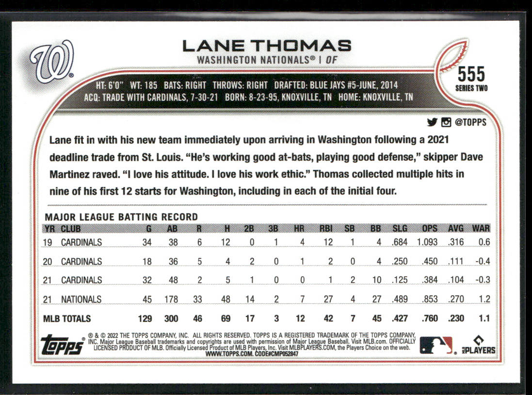Lane Thomas 2022 Topps #555 Washington Nationals back