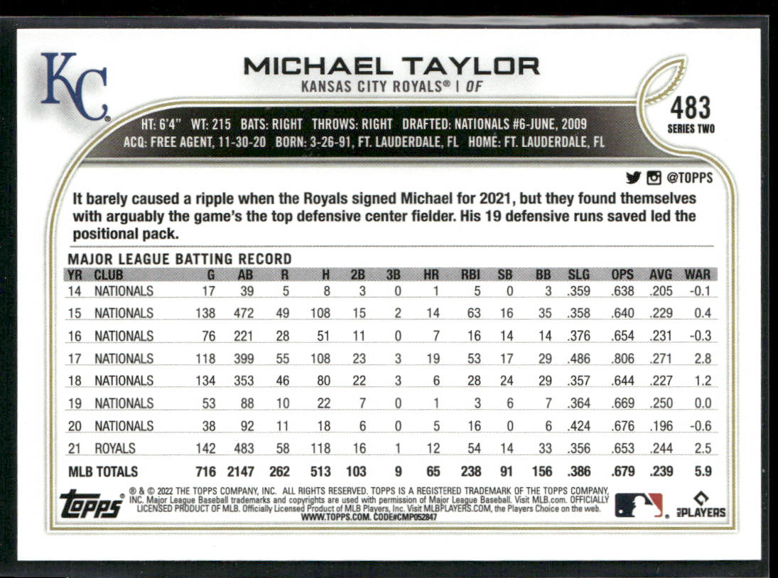 Michael Taylor 2022 Topps #483 Kansas City Royals back