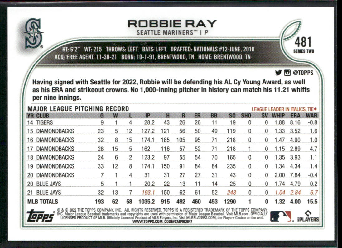 Robbie Ray 2022 Topps #481 Seattle Mariners back