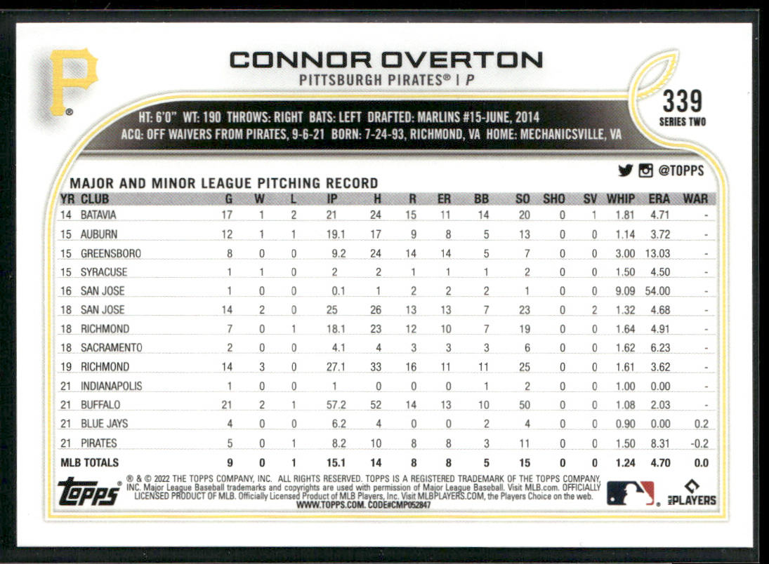 Connor Overton 2022 Topps #339 RC Pittsburgh Pirates back
