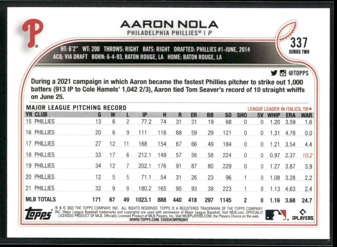 Aaron Nola 2022 Topps #337 Philadelphia Phillies back