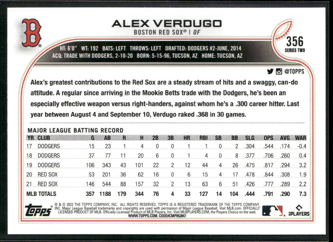 Alex Verdugo 2022 Topps #356 Boston Red Sox back