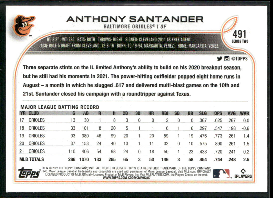 Anthony Santander 2022 Topps #491 Baltimore Orioles back