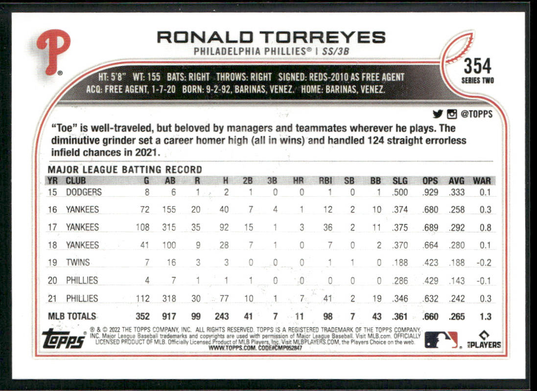 Ronald Torreyes 2022 Topps #354 Philadelphia Phillies back