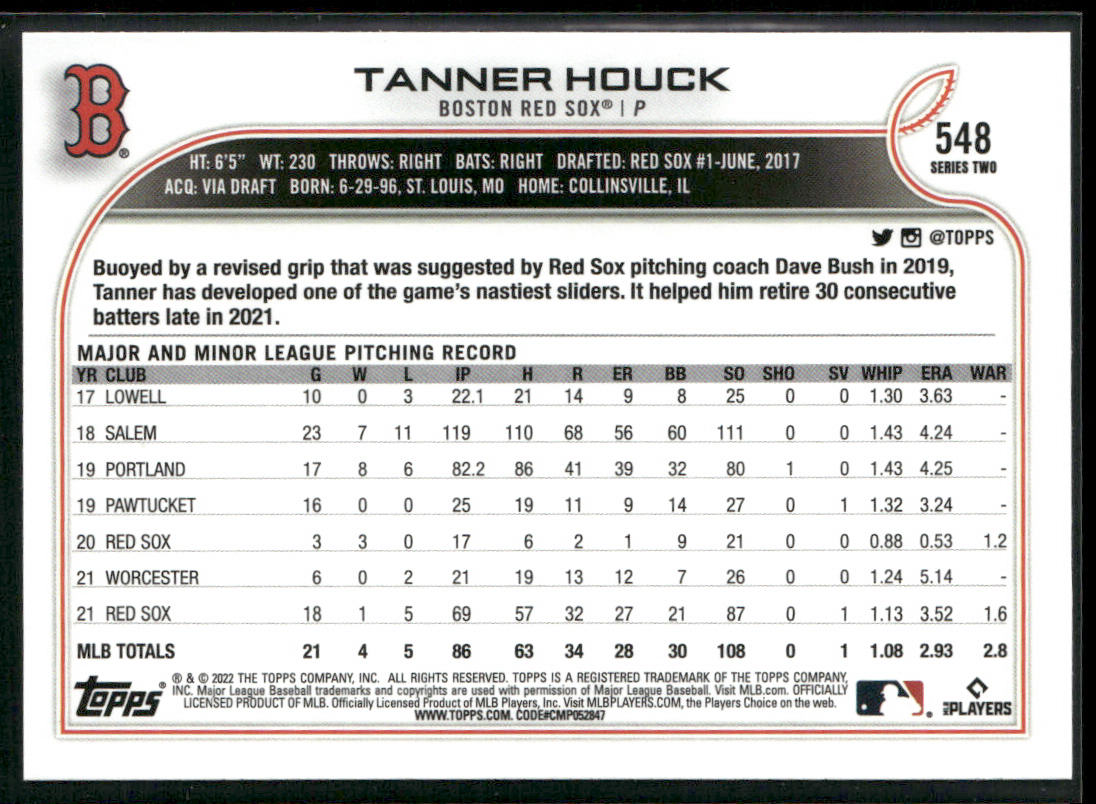 Tanner Houck 2022 Topps #548 Boston Red Sox back