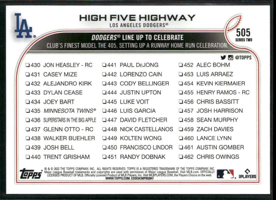 High Five Highway 2022 Topps #505 Los Angeles Dodgers back