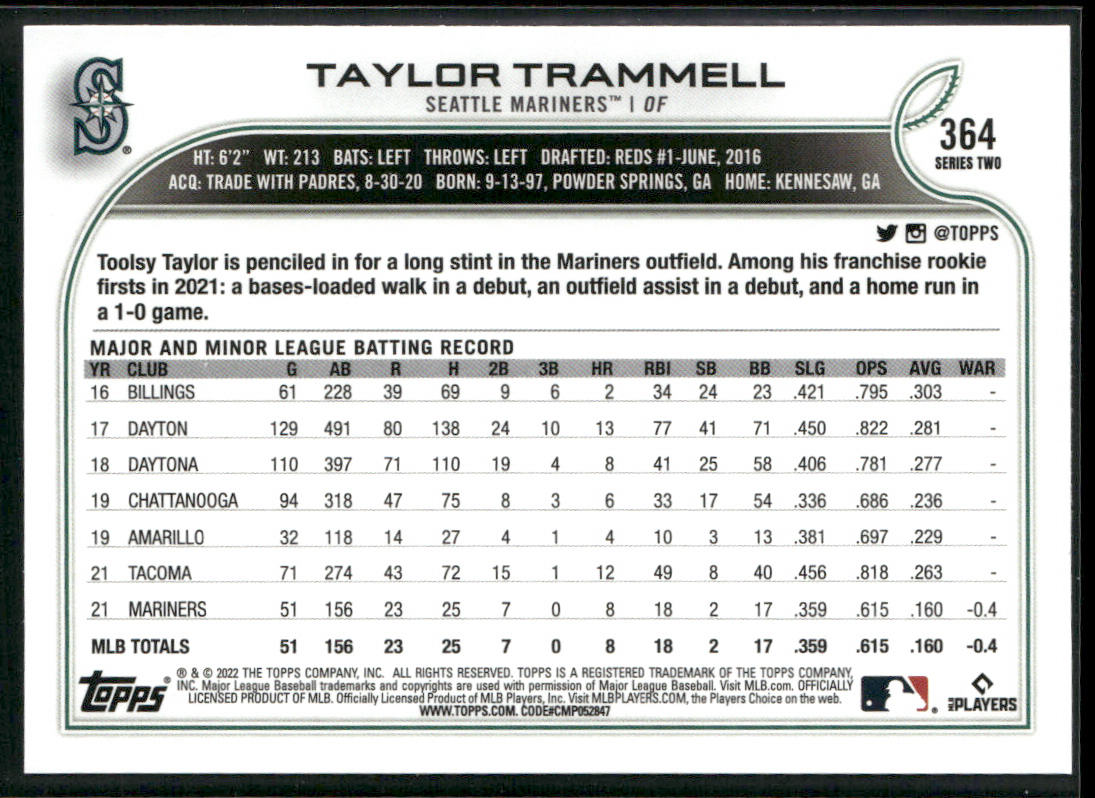 Taylor Trammell 2022 Topps #364 Seattle Mariners back