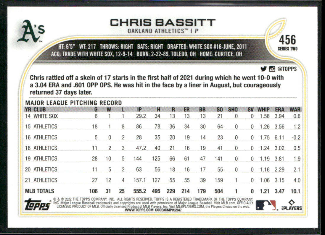Chris Bassitt 2022 Topps #456 Oakland Athletics back