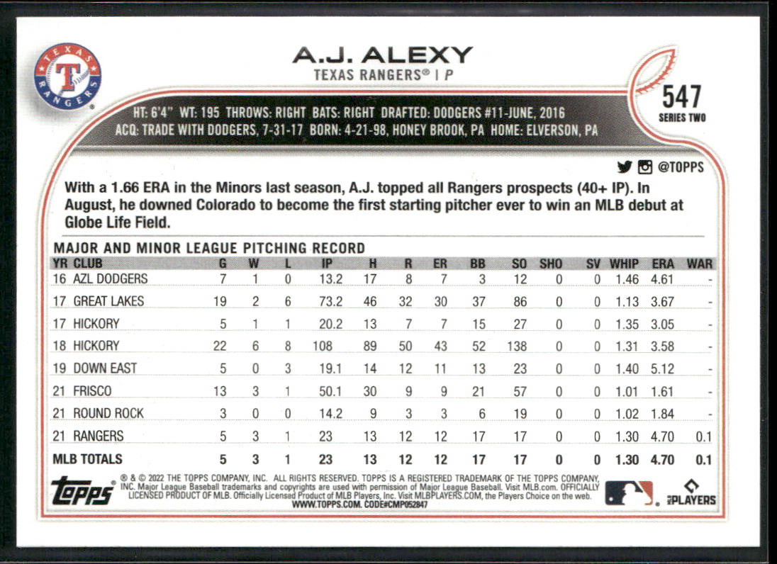 A.J. Alexy 2022 Topps #547 RC Texas Rangers back