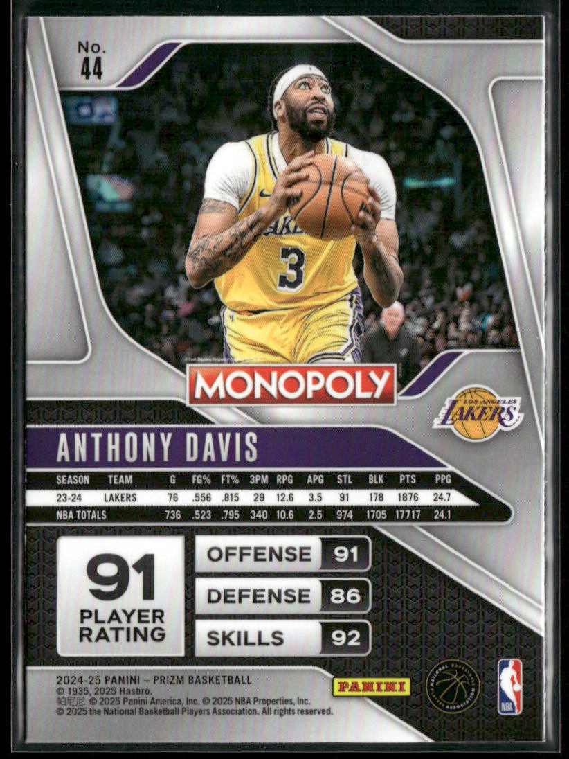 Anthony Davis 2024-25 Panini Prizm Monopoly #44 Los Angeles Lakers back
