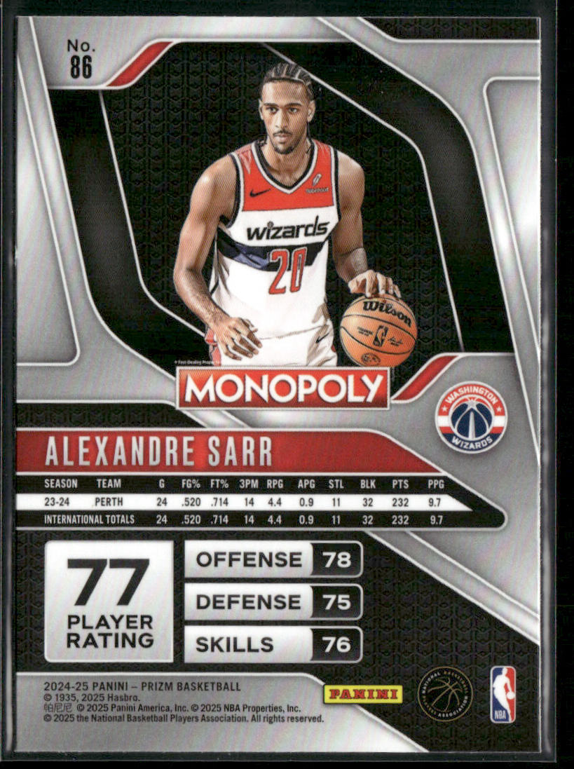 Alexandre Sarr 2024-25 Panini Prizm Monopoly #86 RC Washington Wizards back