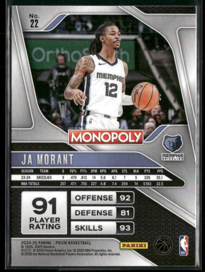 Ja Morant 2024-25 Panini Prizm Monopoly #22 Memphis Grizzlies back