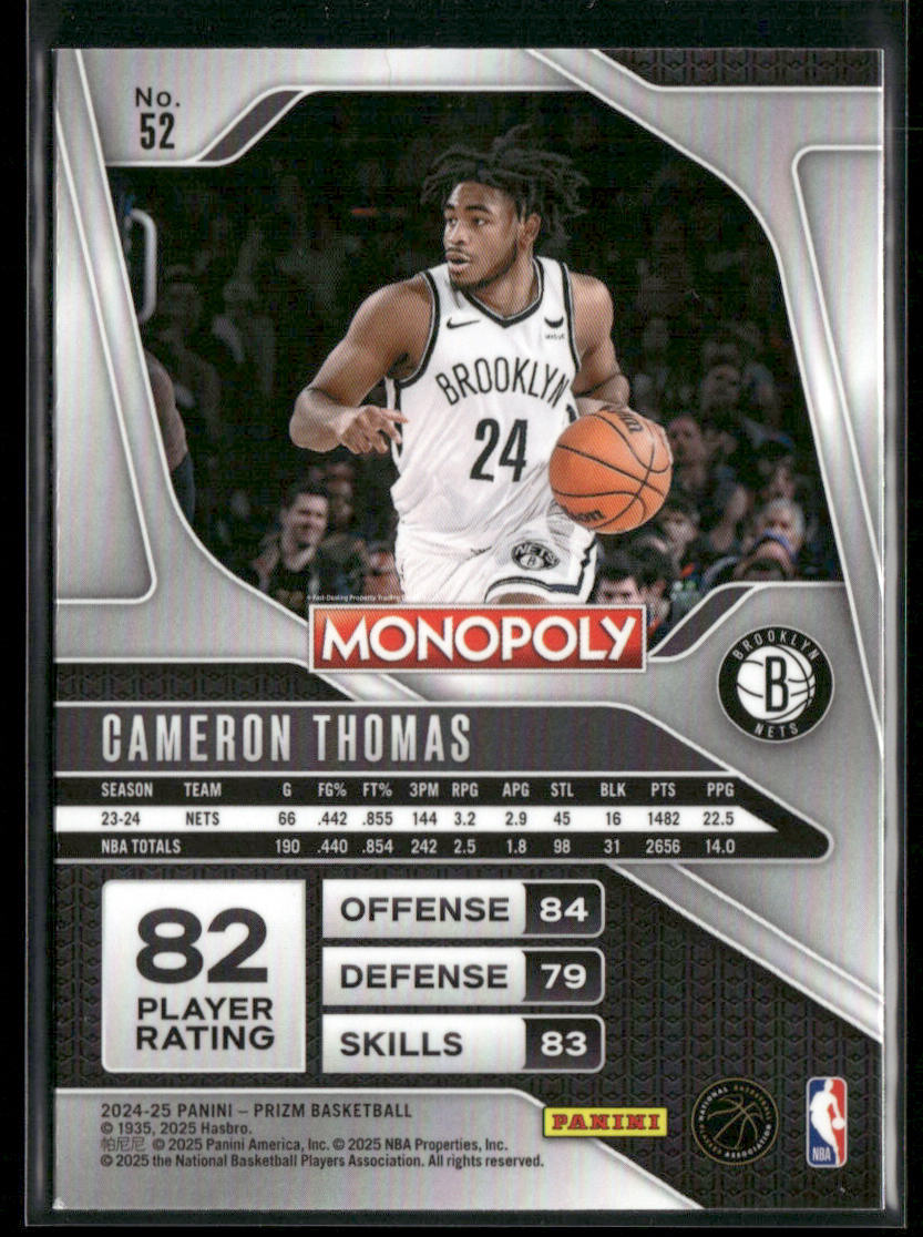 Cameron Thomas 2024-25 Panini Prizm Monopoly #52 Brooklyn Nets back