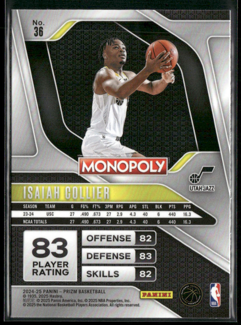 Isaiah Collier 2024-25 Panini Prizm Monopoly #36 RC Utah Jazz back