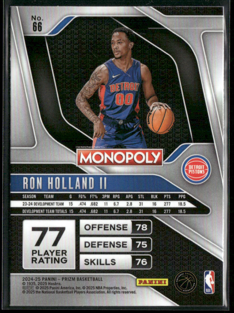 Ron Holland II 2024-25 Panini Prizm Monopoly #66 RC Detroit Pistons back