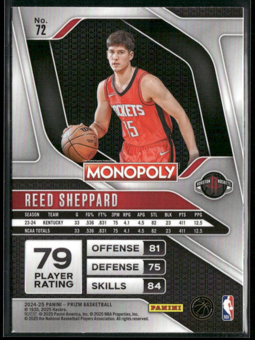 Reed Sheppard 2024-25 Panini Prizm Monopoly #72 RC Houston Rockets back