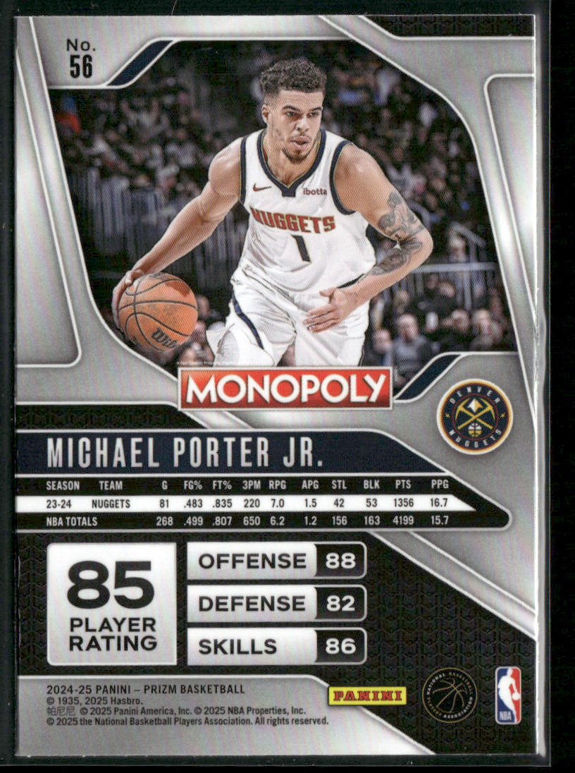 Michael Porter Jr. 2024-25 Panini Prizm Monopoly #56 Denver Nuggets back