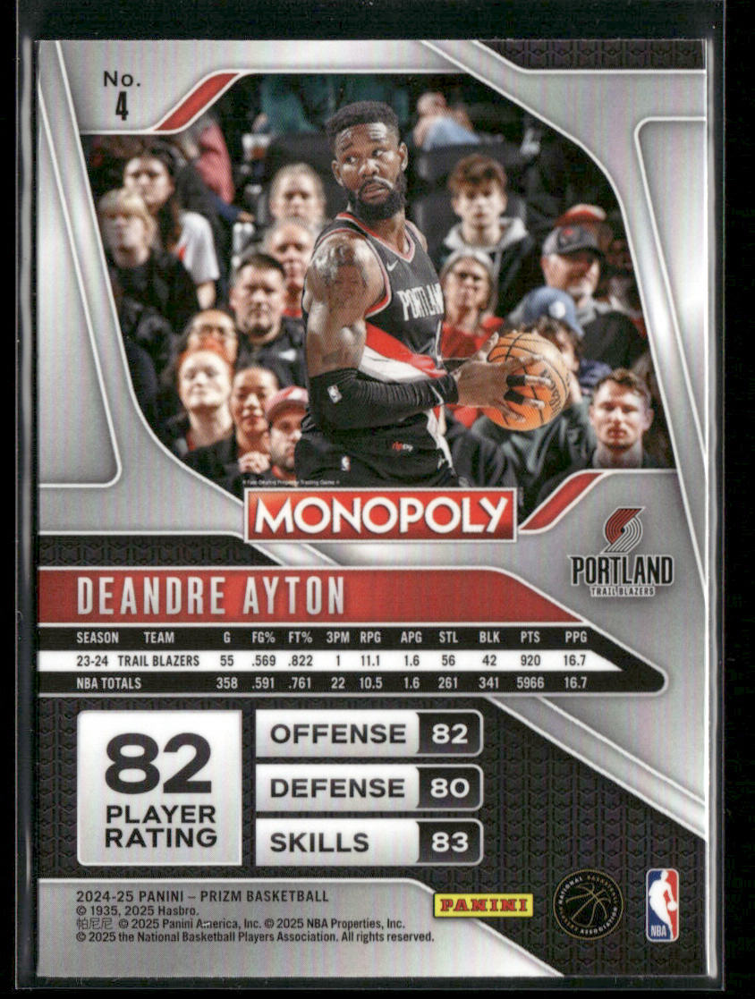 DeAndre Ayton 2024-25 Panini Prizm Monopoly #4 Portland Trail Blazers back