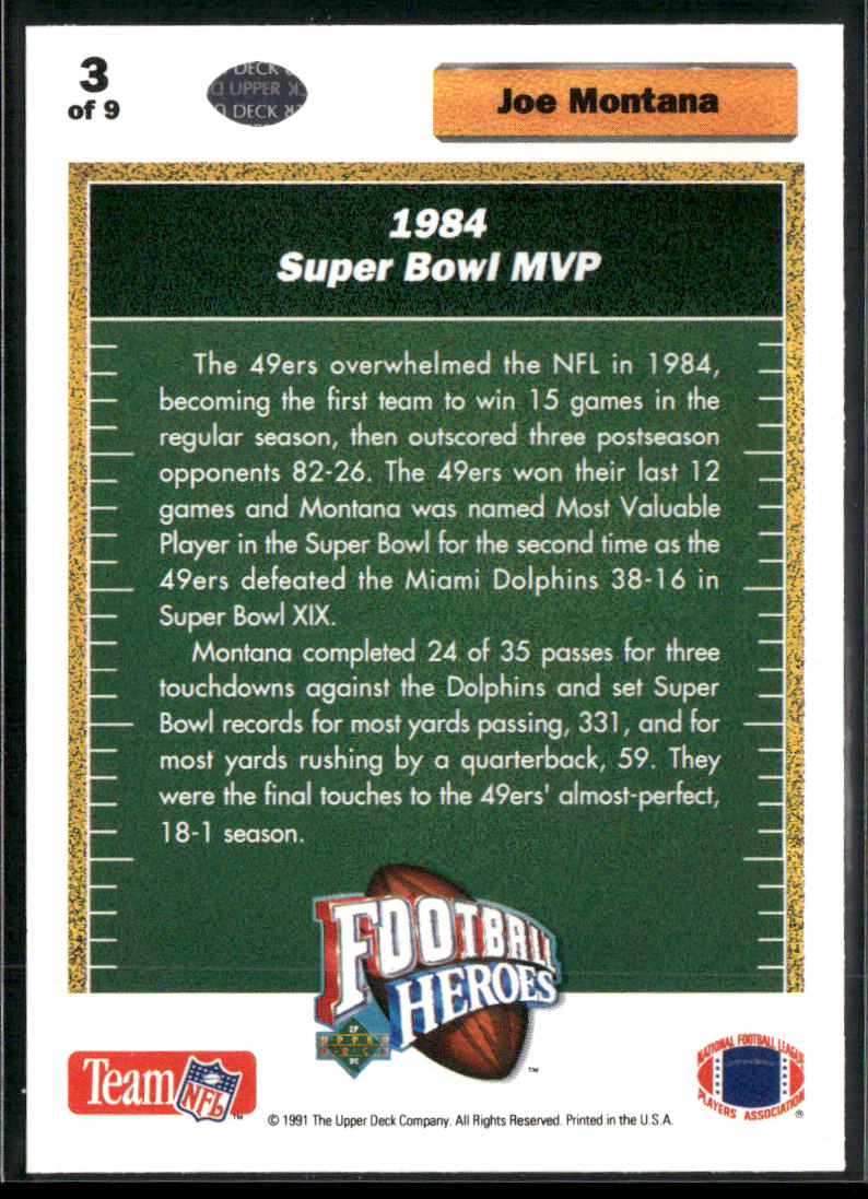 Joe Montana 1991 Upper Deck Football Heroes: Joe Montana #3 San Francisco 49ers back