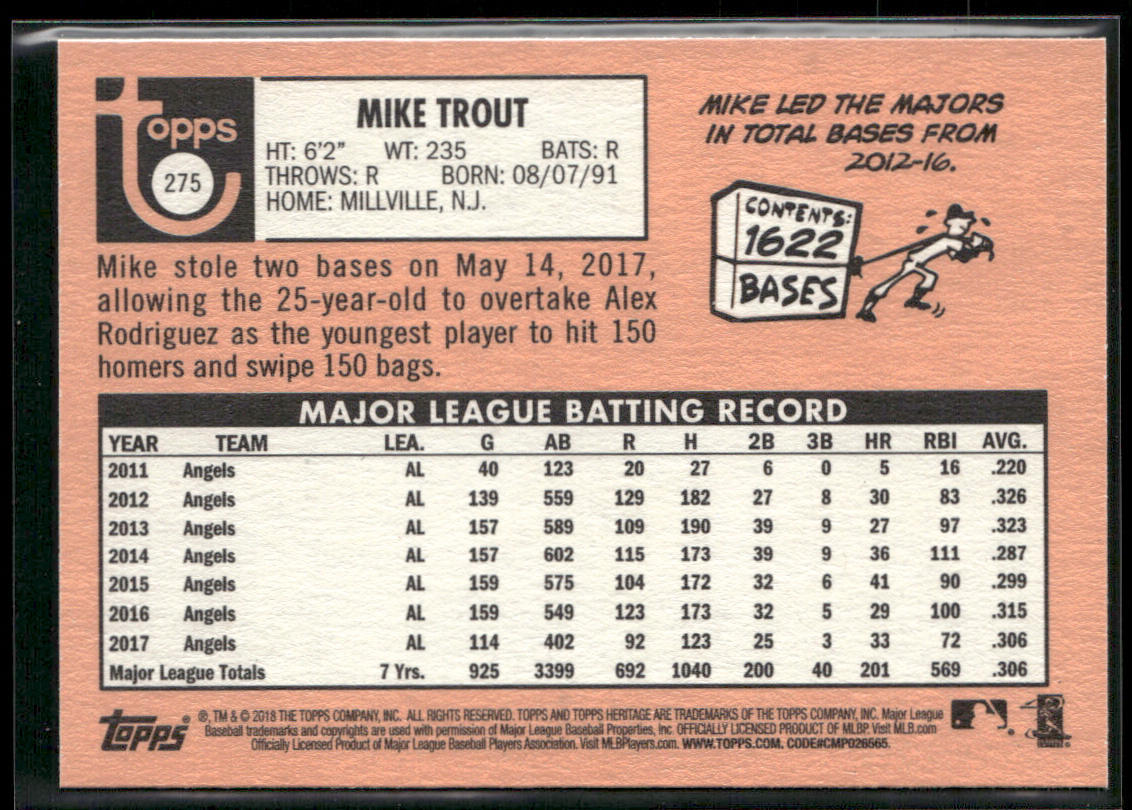 Mike Trout 2018 Topps Heritage #275 Los Angeles Angels back