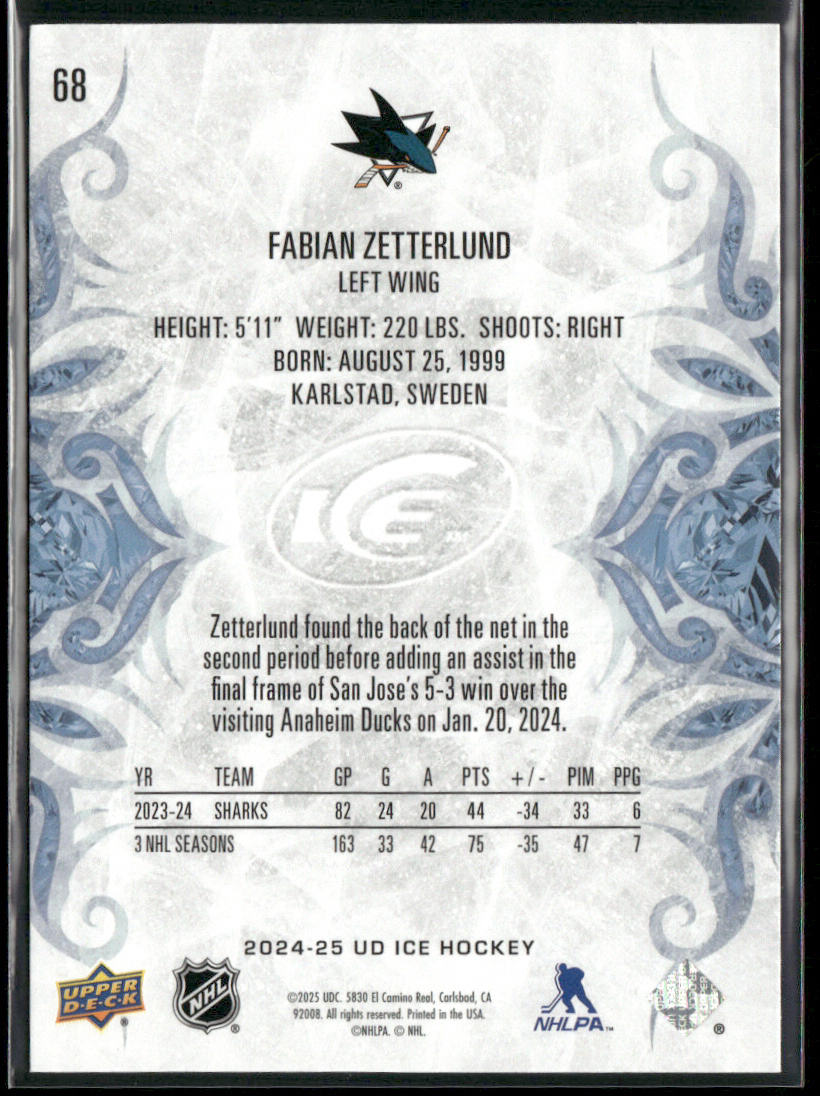 Fabian Zetterlund 2024-25 Upper Deck Ice #68 San Jose Sharks back