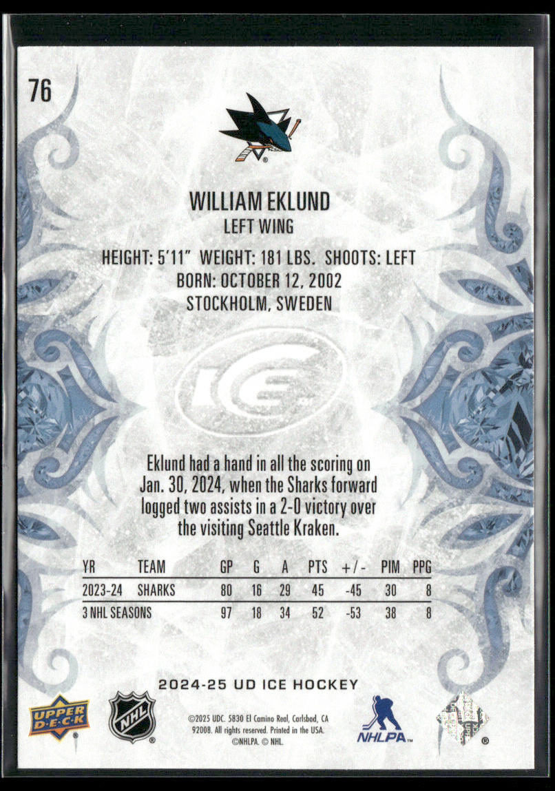 William Eklund 2024-25 Upper Deck Ice #76 San Jose Sharks back