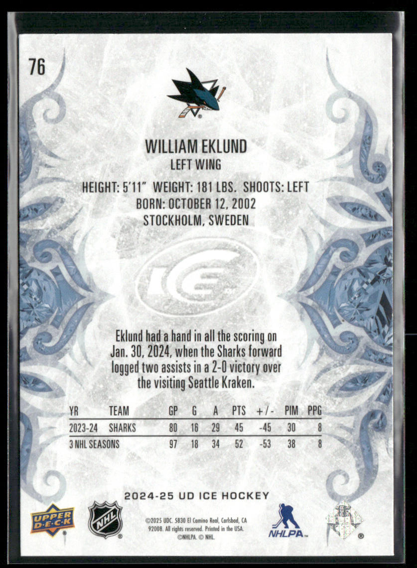 William Eklund 2024-25 Upper Deck Ice #76 San Jose Sharks back