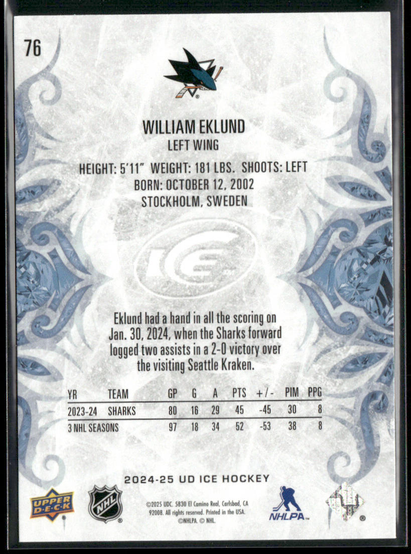 William Eklund 2024-25 Upper Deck Ice #76 San Jose Sharks back