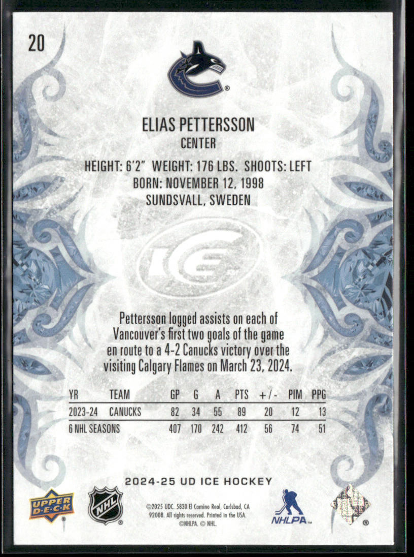 Elias Pettersson 2024-25 Upper Deck Ice #20 Vancouver Canucks back
