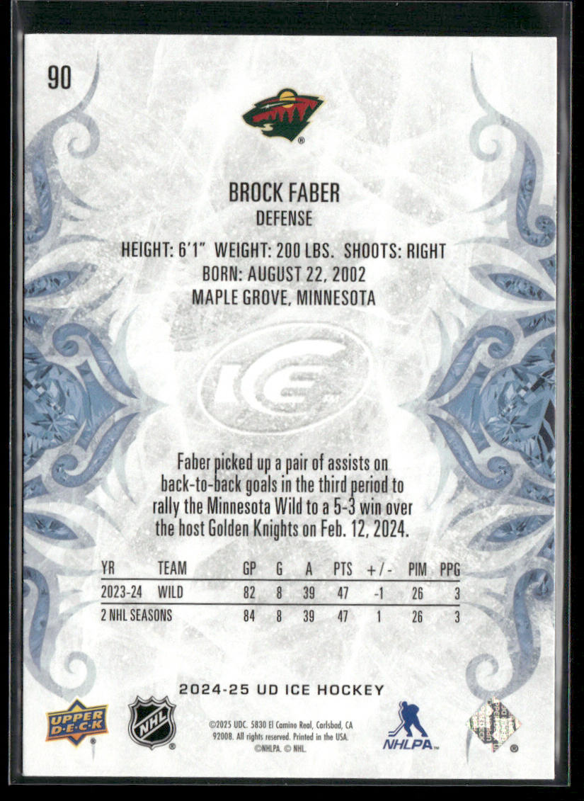 Brock Faber 2024-25 Upper Deck Ice #90 Minnesota Wild back