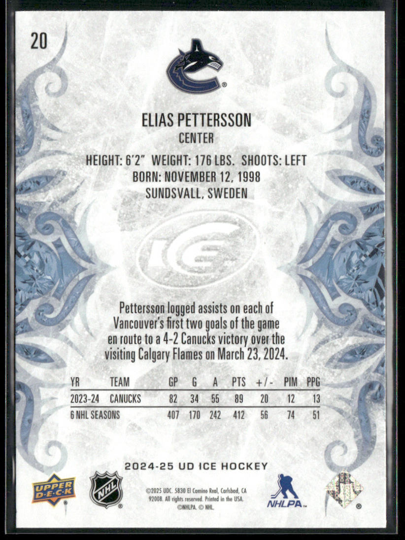 Elias Pettersson 2024-25 Upper Deck Ice #20 Vancouver Canucks back