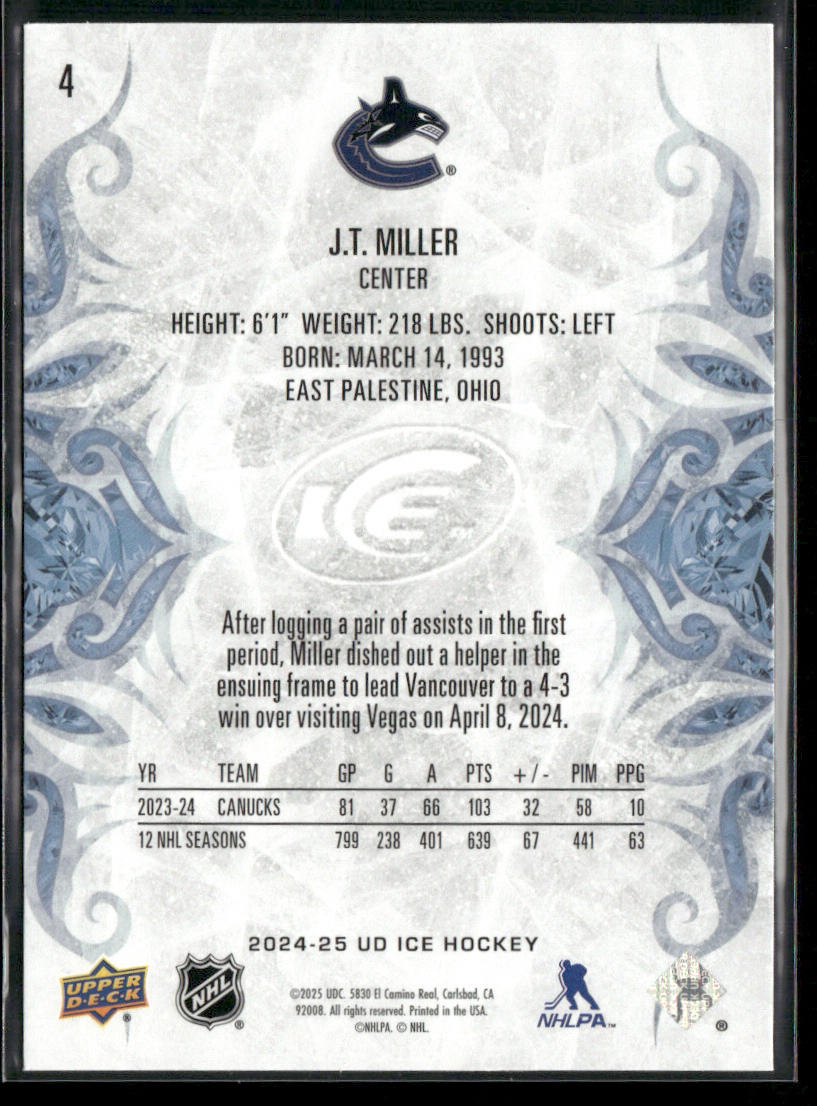 J.T. Miller 2024-25 Upper Deck Ice #4 Vancouver Canucks back