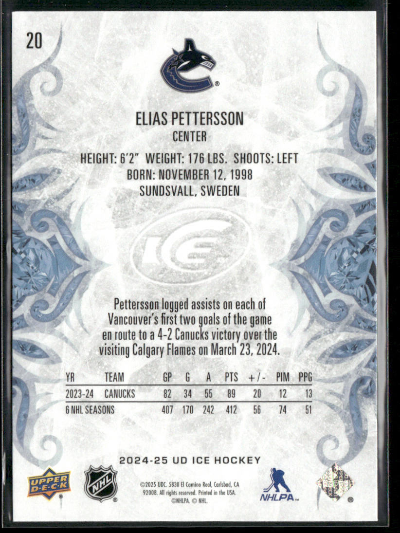 Elias Pettersson 2024-25 Upper Deck Ice #20 Vancouver Canucks back