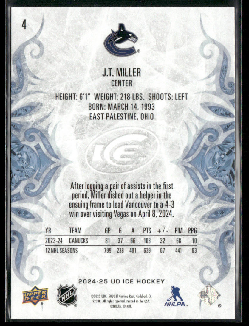 J.T. Miller 2024-25 Upper Deck Ice Emerald Green #4 Vancouver Canucks back