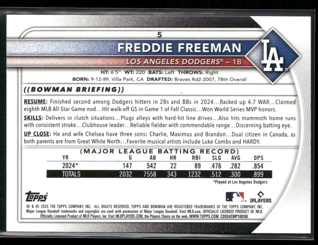 Freddie Freeman 2025 Bowman #5 Los Angeles Dodgers back