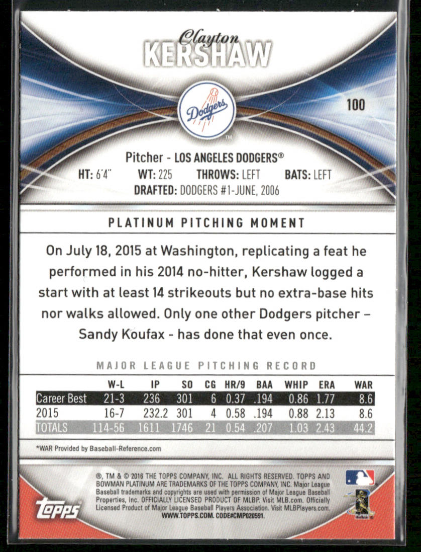Clayton Kershaw 2016 Bowman Platinum #100 Los Angeles Dodgers back