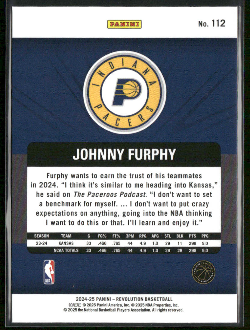 Johnny Furphy 2024-25 Panini Revolution #112 RC Indiana Pacers back