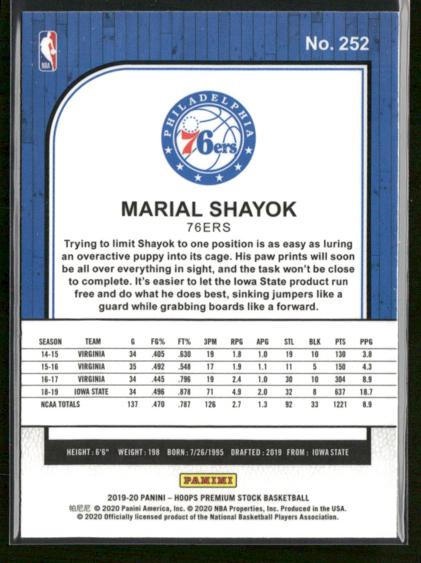 Marial Shayok 2019-20 Hoops Premium Stock #252 RC Philadelphia 76ers back