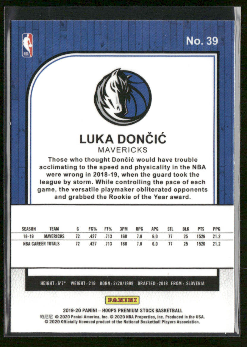 Luka Doncic 2019-20 Hoops Premium Stock #39 Dallas Mavericks back