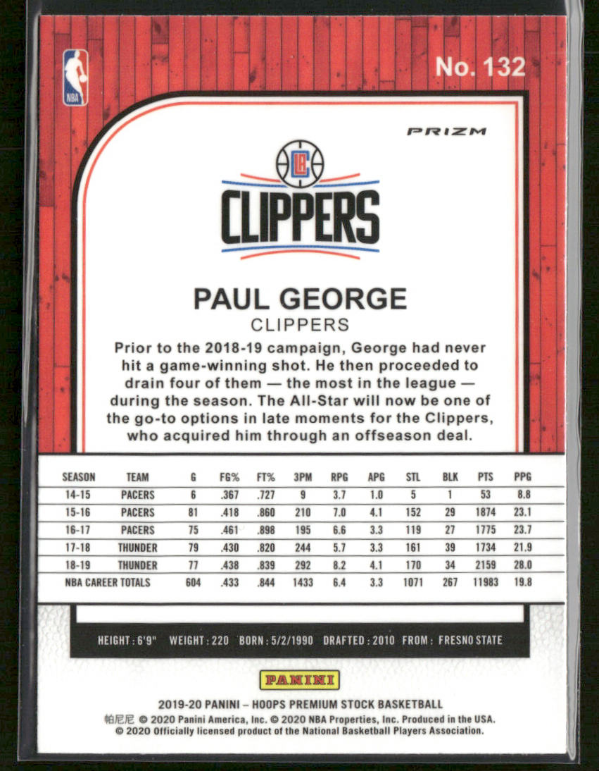 Paul George 2019-20 Hoops Premium Stock Prizms Green Pulsar #132 Clippers back